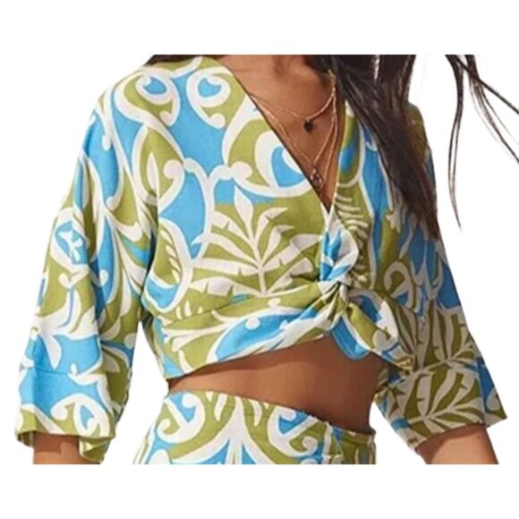 ZARA Linen Blend Crop Top Boho Print Knot Front Blouse Multicolor sky blue XS - Picture 2 of 11